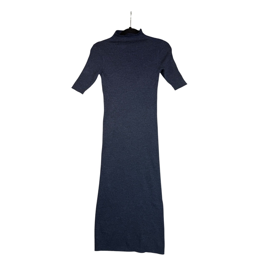HATCH Navy Blue Merino Wool Ribbed Mock Neck Midi Dress Short Sleeve Size 0